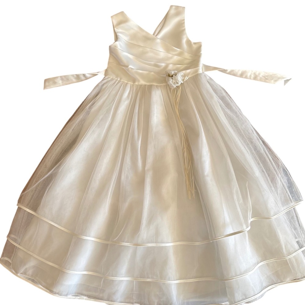 Joy Kids USA Ivory Satin Tulle Flower Girl Dress First Communion Size 12 Wedding
